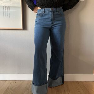 Peace Love World Women's Wide Leg Cuffed Jeans Blue Baggy Size 6 boho classic